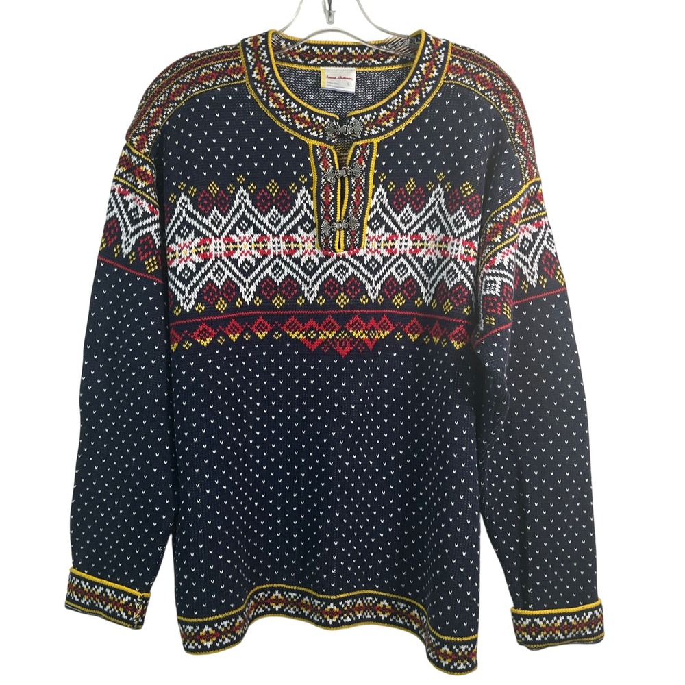 Hanna Andersson Nordic Sweater Navy Blue Cotton Fair Isle Metal Clasps Large